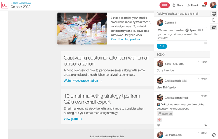 Blocks Edit update: comments and notifications for reviewing emails