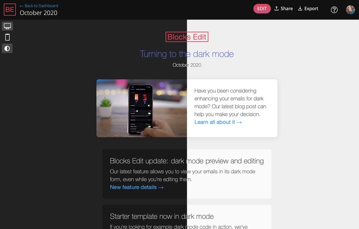 Blocks Edit update: dark mode preview and editing