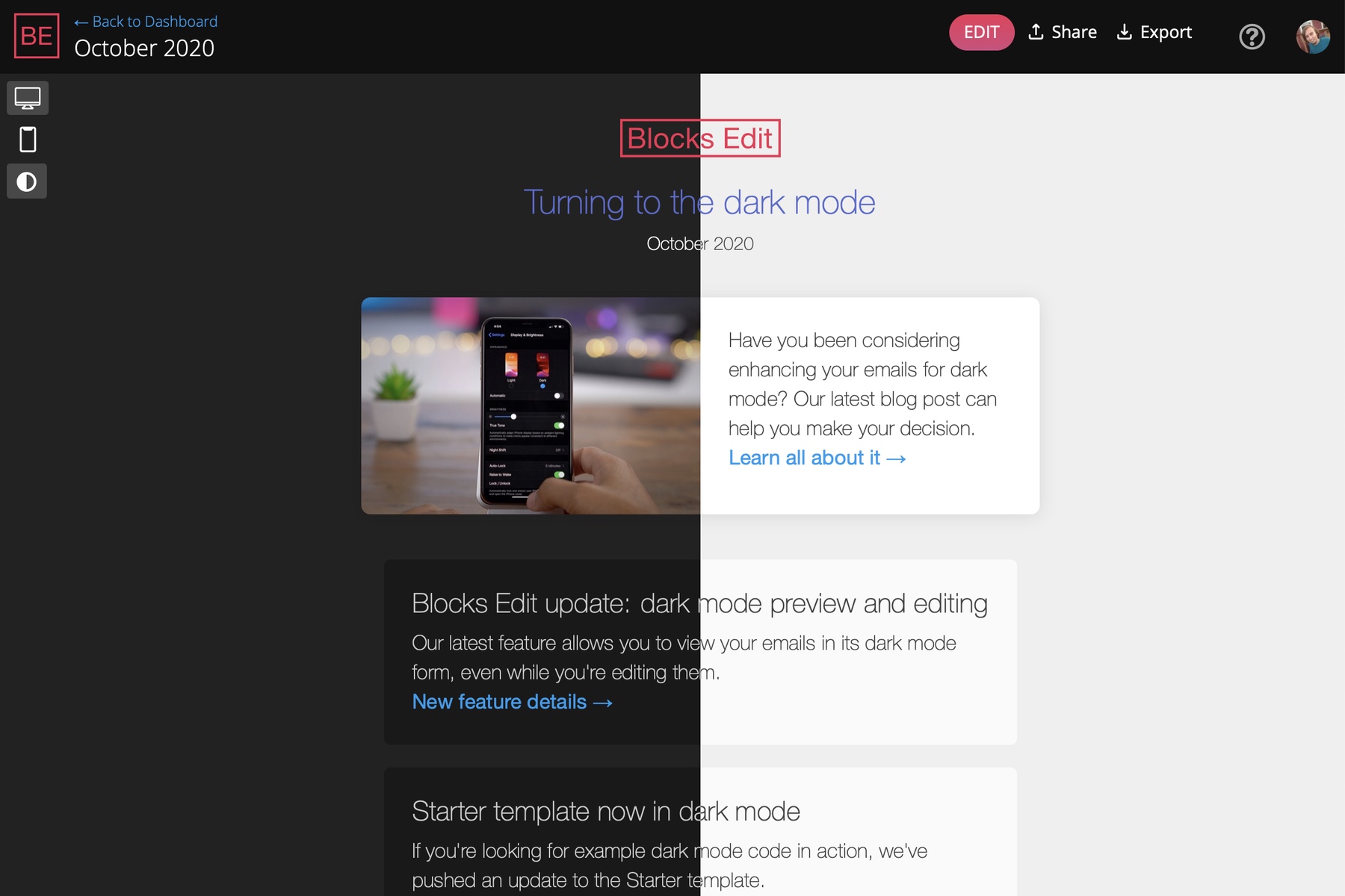 Screenshot of Blocks Edit in light and dark modes.
