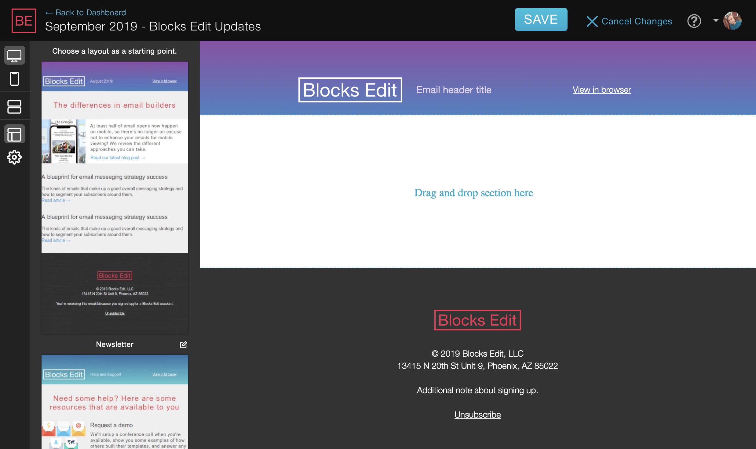 Screenshot of Blocks Edit layouts feature.
