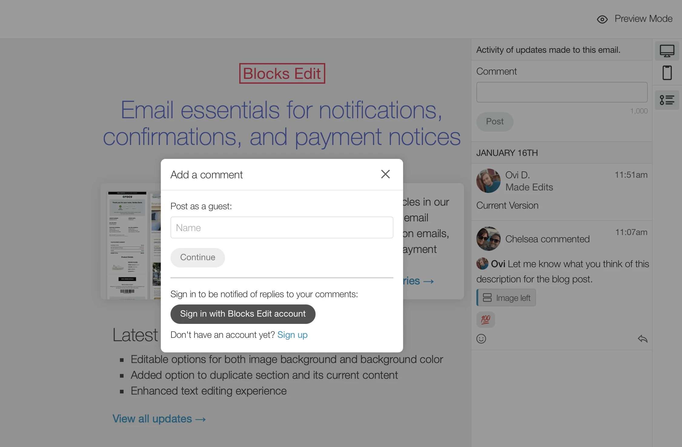 Screenshot of the Blocks Edit visual editor with the comments sidebar and the guest user modal.