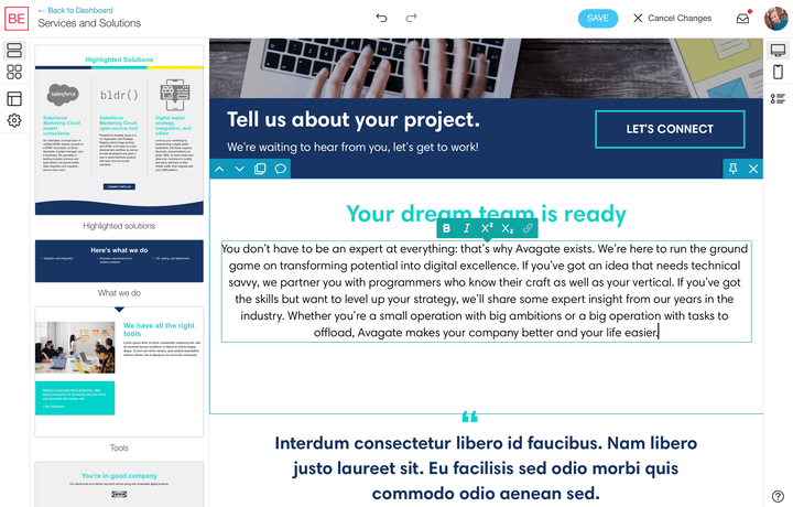 Screenshot of the visual editor interface for a website example.