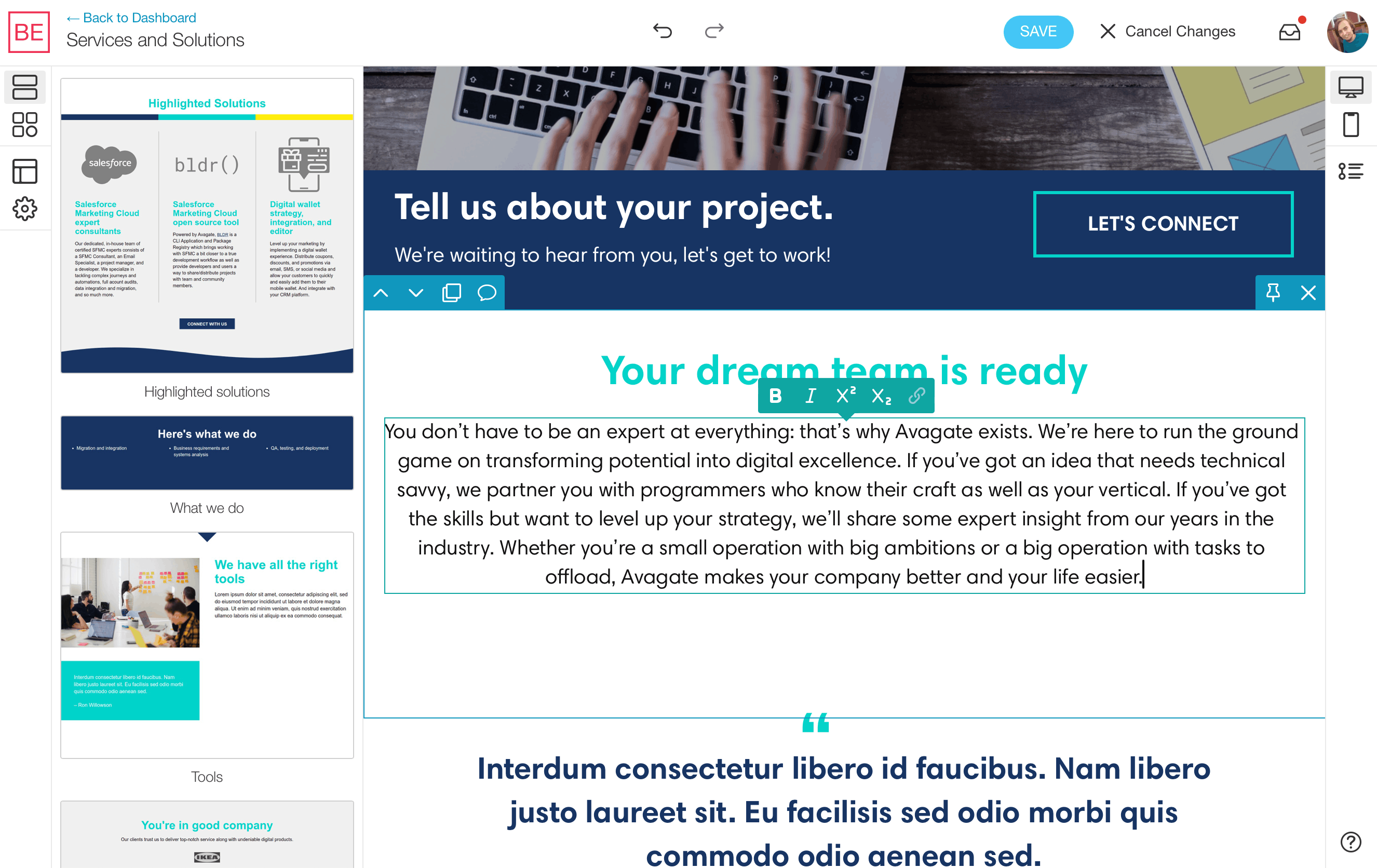 Screenshot of the visual editor interface for a website example.
