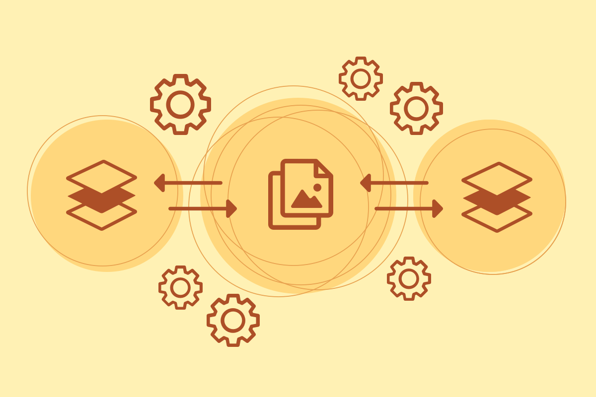 An illustration of an assets icon in the middle with back and forth arrows to platform icons and settings.