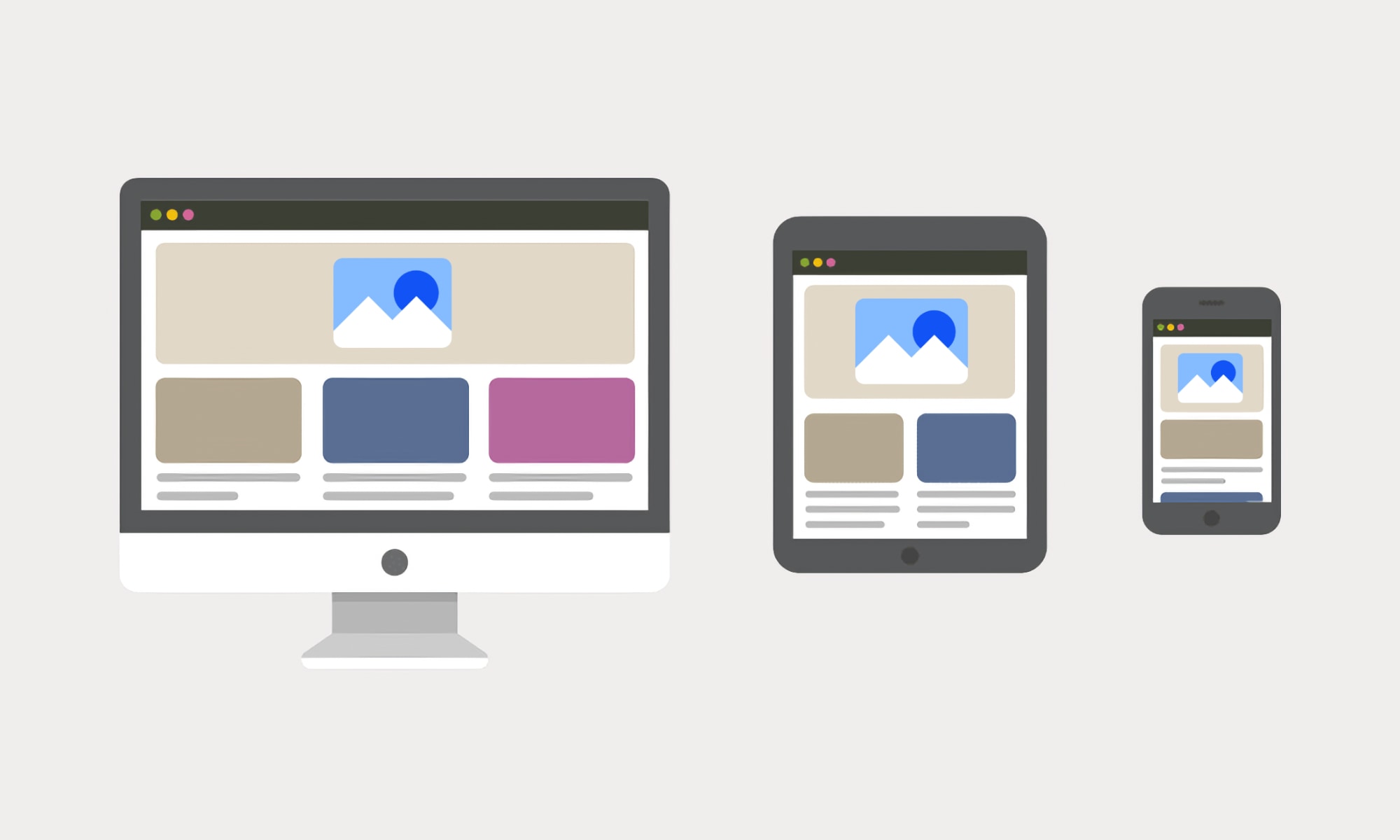 Abstract graphic of desktop, tablet, and mobile screen sizes.