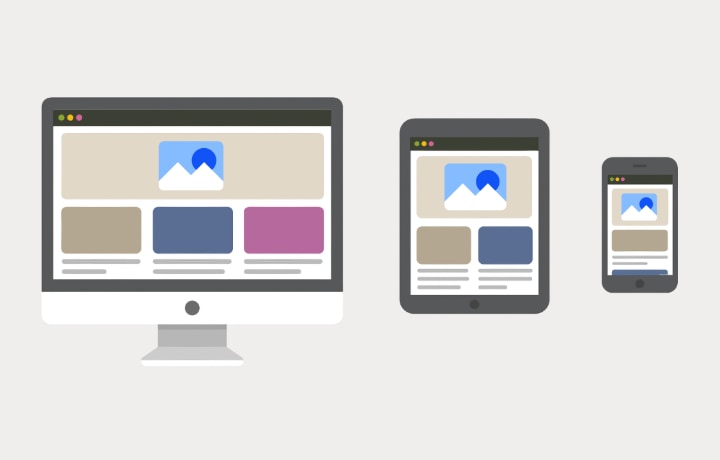 Abstract graphic of desktop, tablet, and mobile screen sizes.