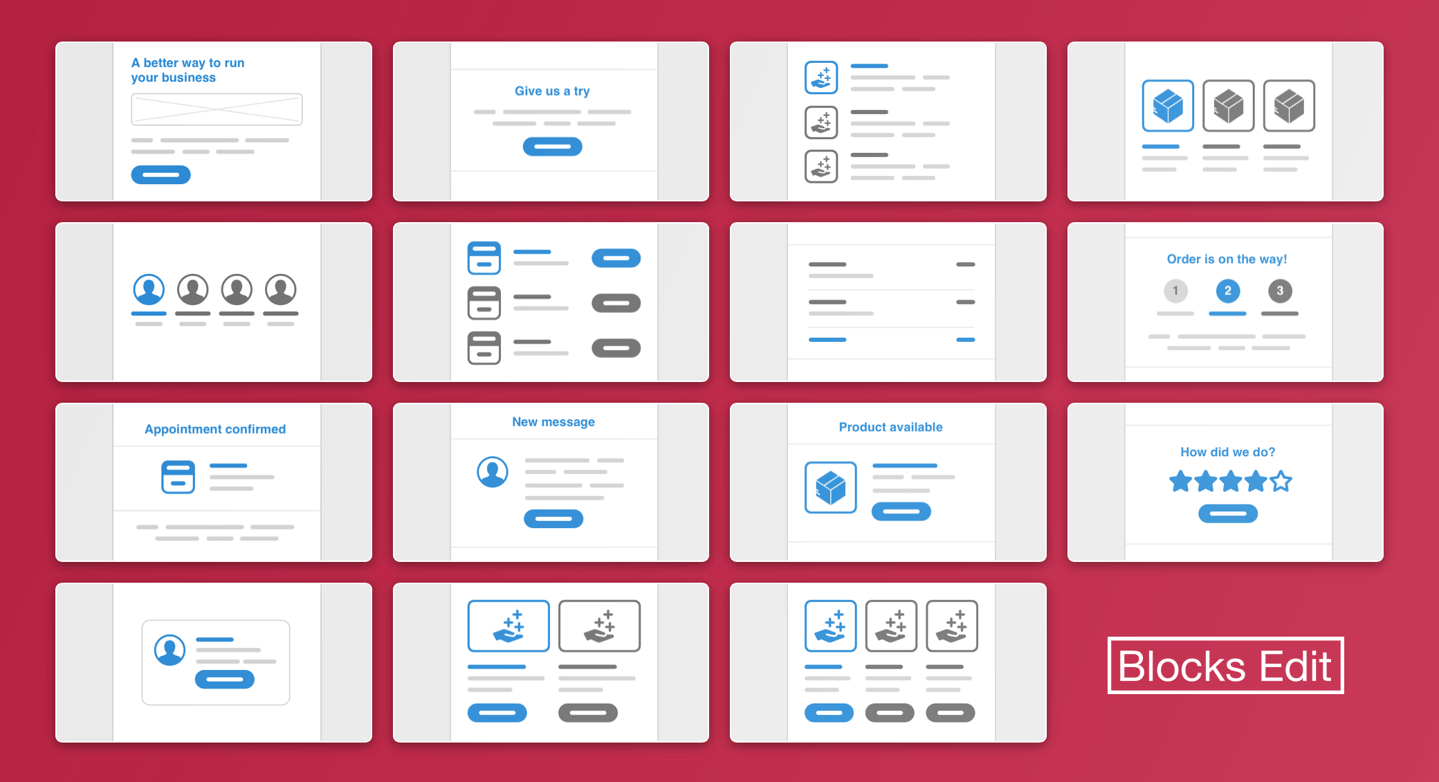 Abstract icons of 15 commonly used email design patterns.