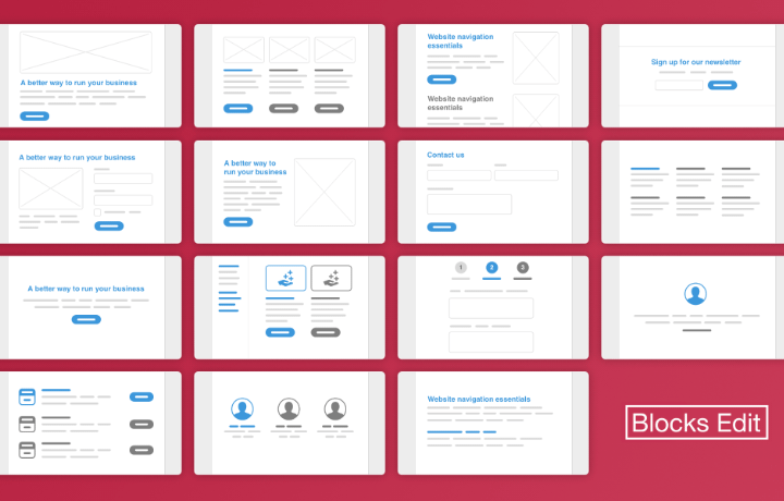 Abstract icons of 15 commonly used web page design patterns.