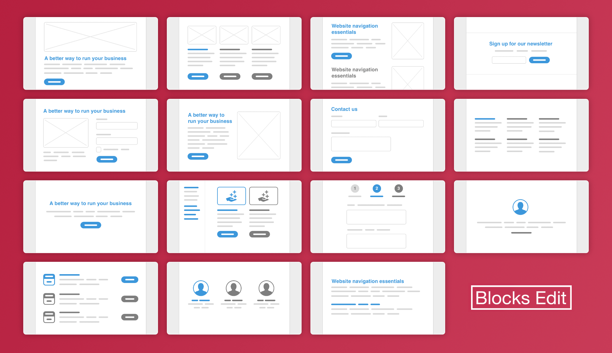 Abstract icons of 15 commonly used web page design patterns.