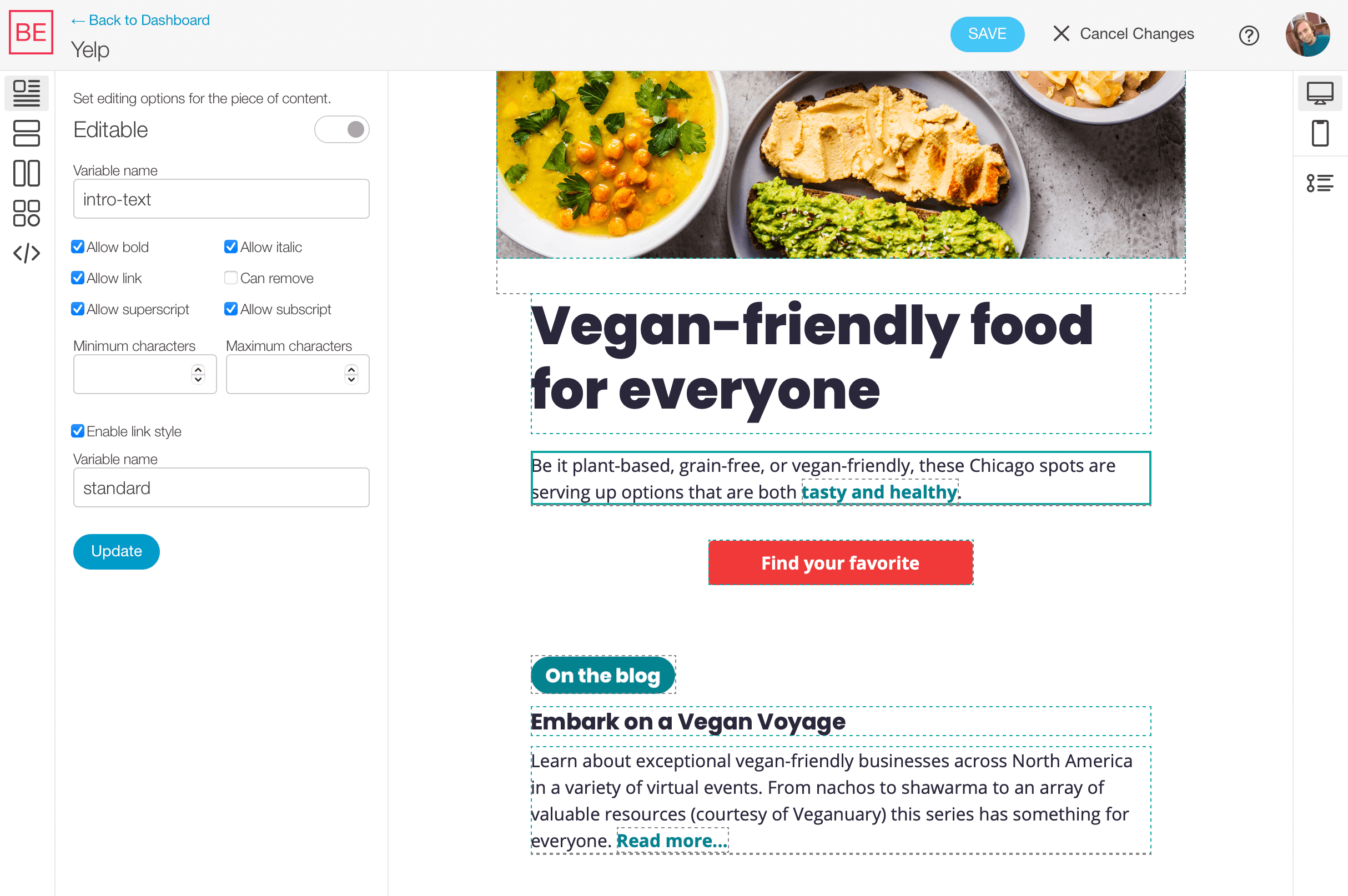 Screenshot of the Blocks Edit visual template editor.