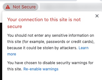 Screenshot of Google Chrome error for non https assets shown as 'Not Secure'.