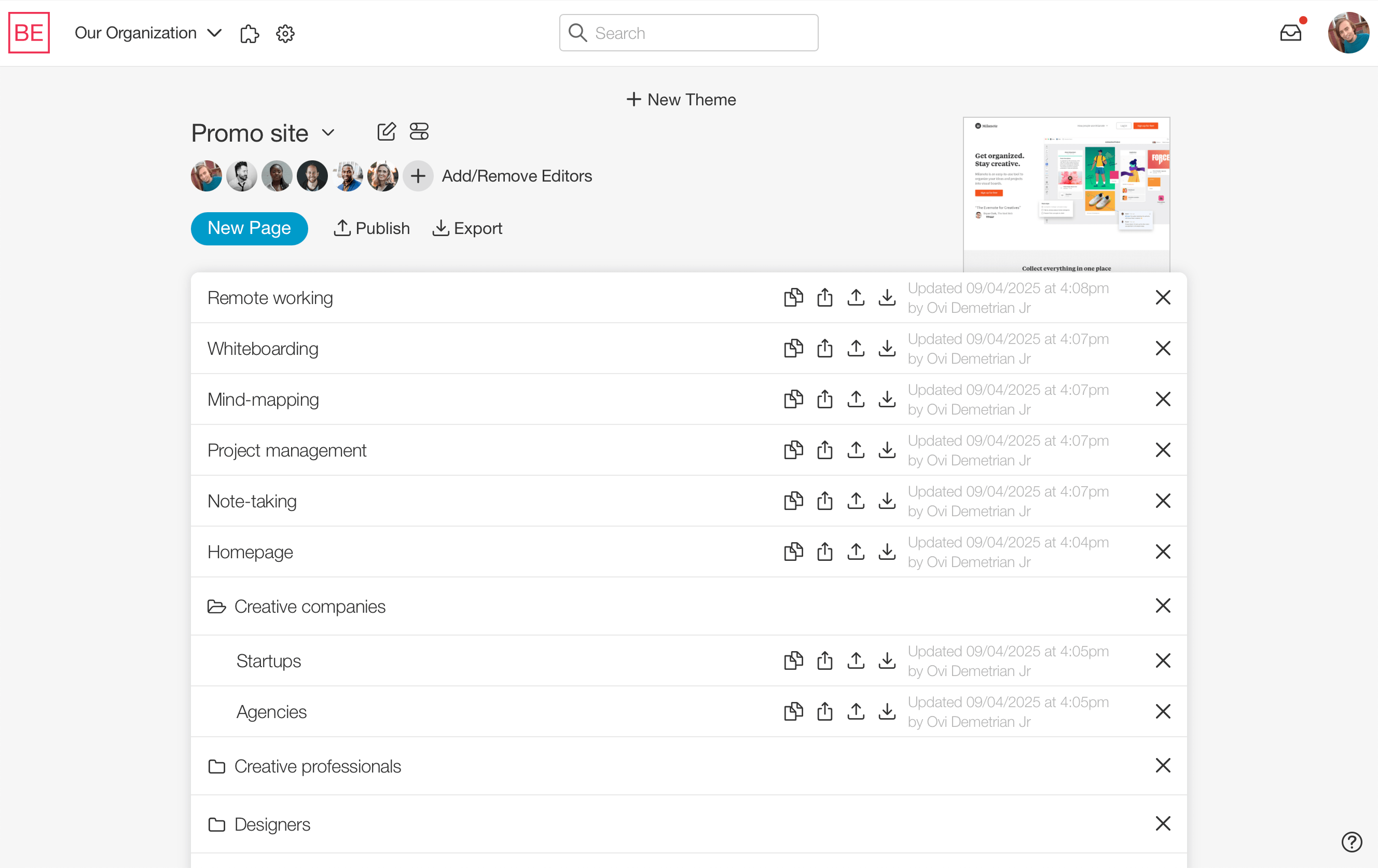 Dashboard of an example theme.