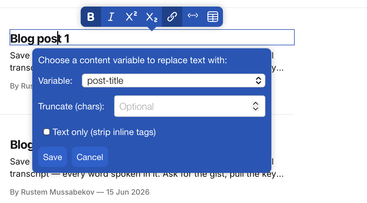 Layout data fields panel