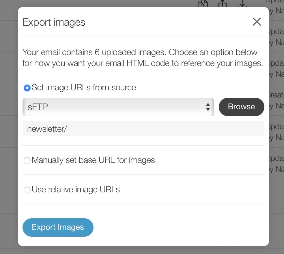 Screenshot of the export modal in Blocks Edit for images, with source browsing, manual URL, and relative path options.