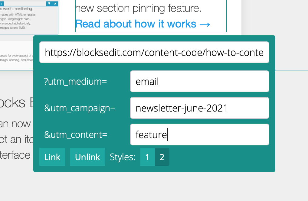 Options for a link, including fields for the URL and link tracking parameters, along with style numbers, and Link and Unlink buttons.