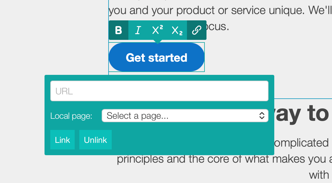 Options for a link, including local page dropdown, along with style numbers, and Link and Unlink buttons.