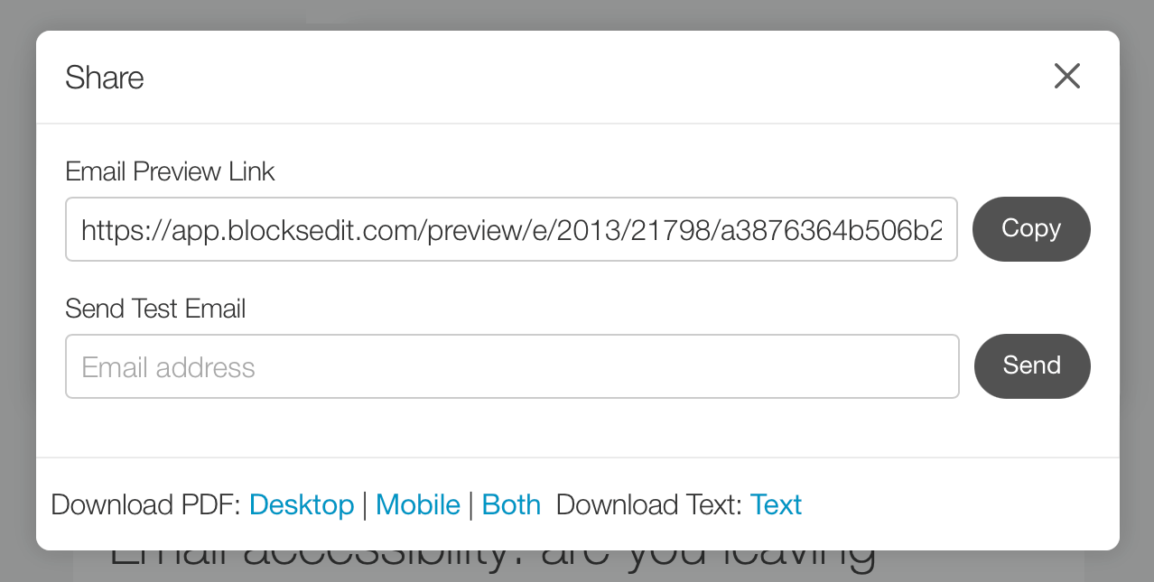 Screenshot of the share modal in Blocks Edit with email preview link, test email, and PDF download options.