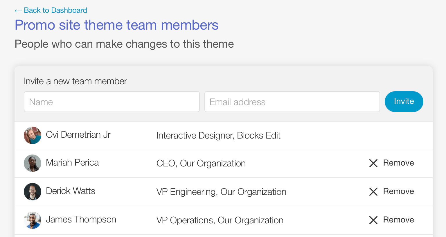 Example team screen.