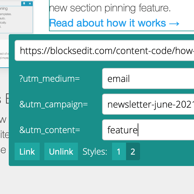 Screenshot of example link tracking fields.