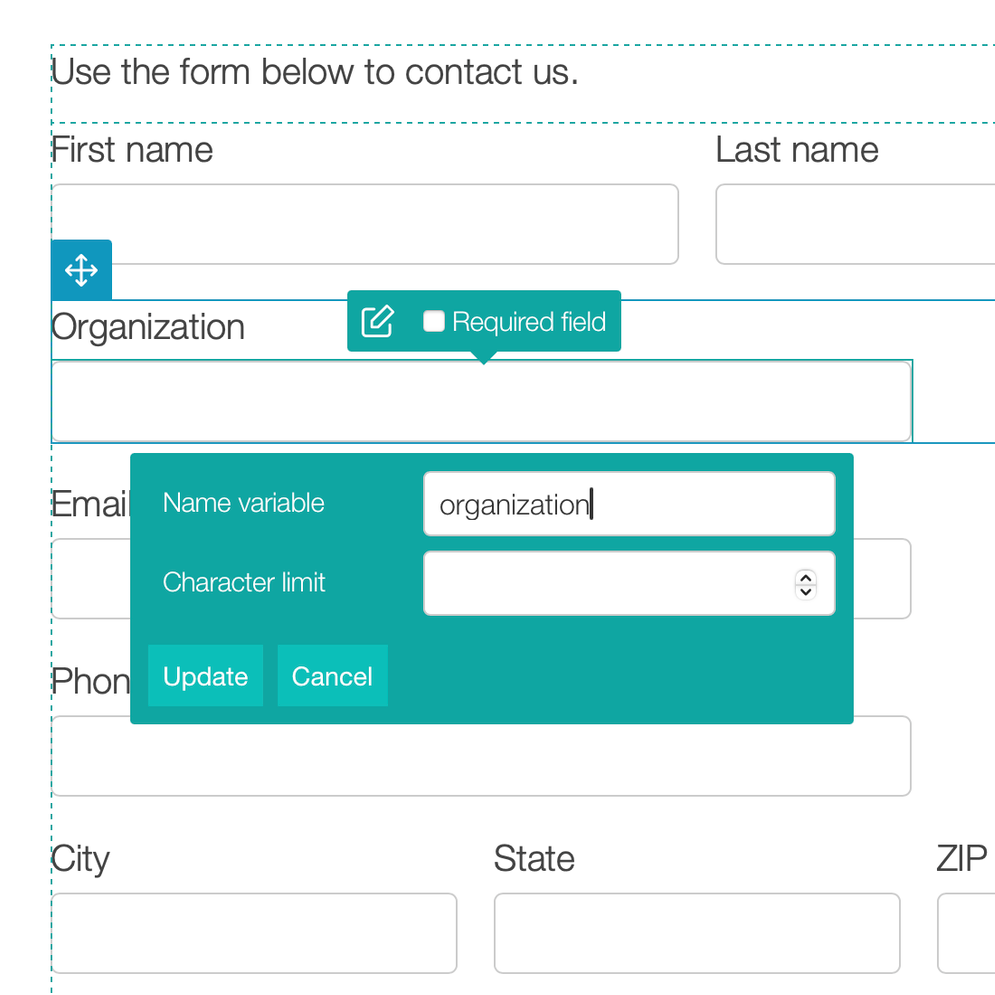 Screenshot of form fields editing