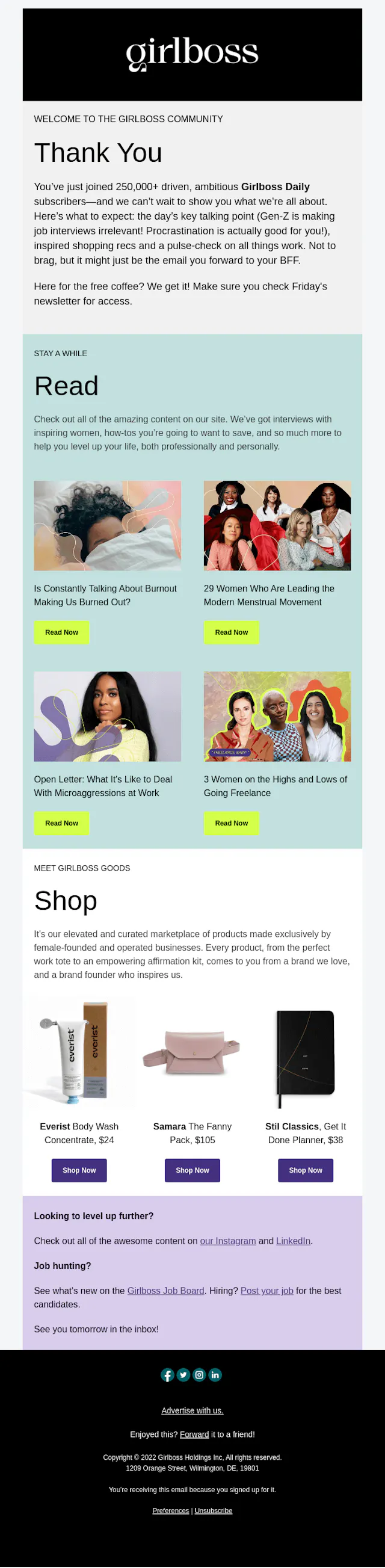 Screenshot of the Girlboss Newsletter email template email