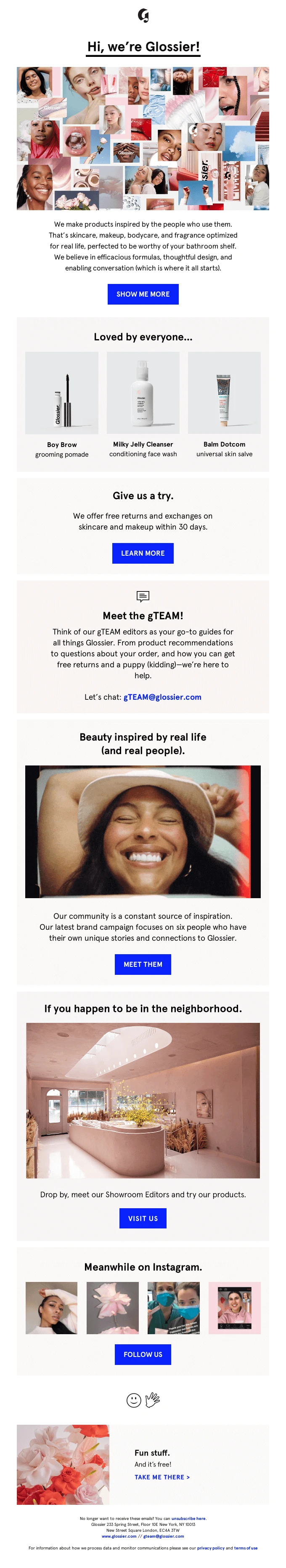Screenshot of the Glossier Welcome/onboarding email template email